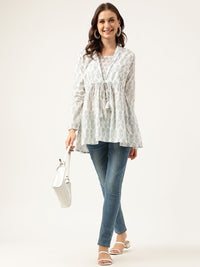 Divena White Floral Printed Empire Cotton Tops