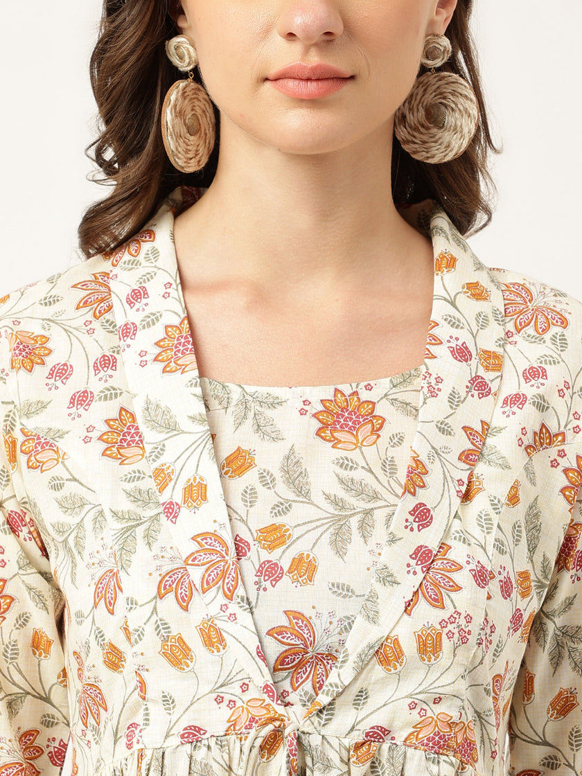 Brown Floral Printed Empire Cotton Tops