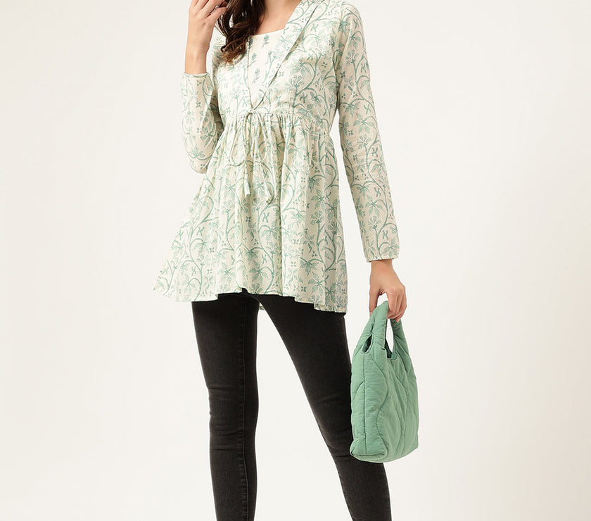 Divena Sea Green Floral Printed Empire Cotton Tops