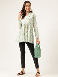 Divena Sea Green Floral Printed Empire Cotton Tops