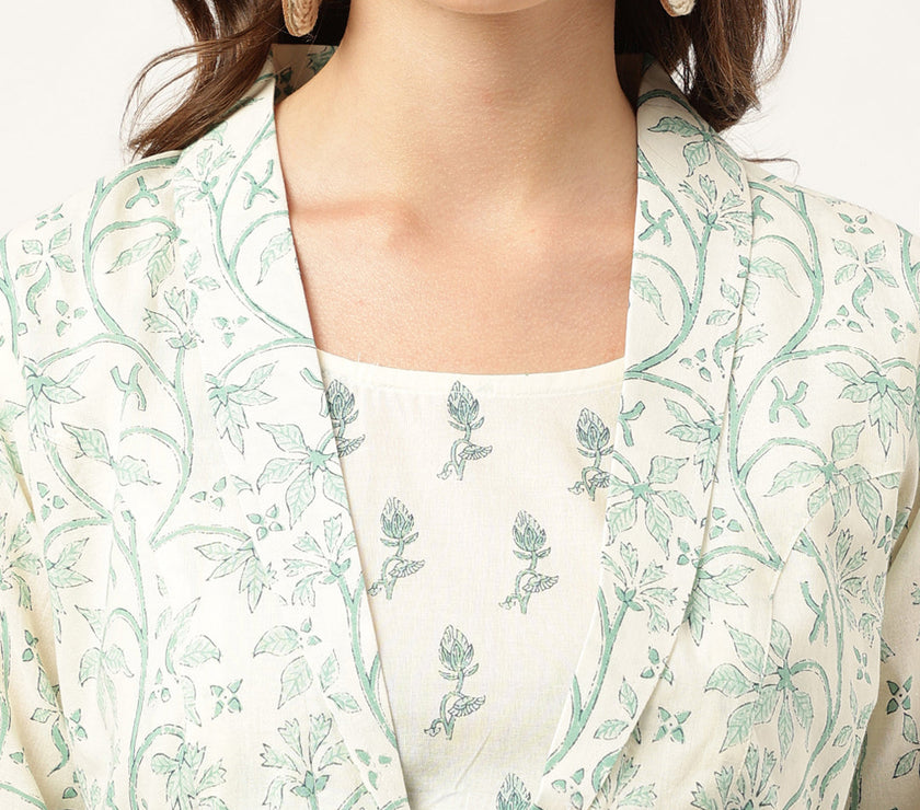 Divena Sea Green Floral Printed Empire Cotton Tops