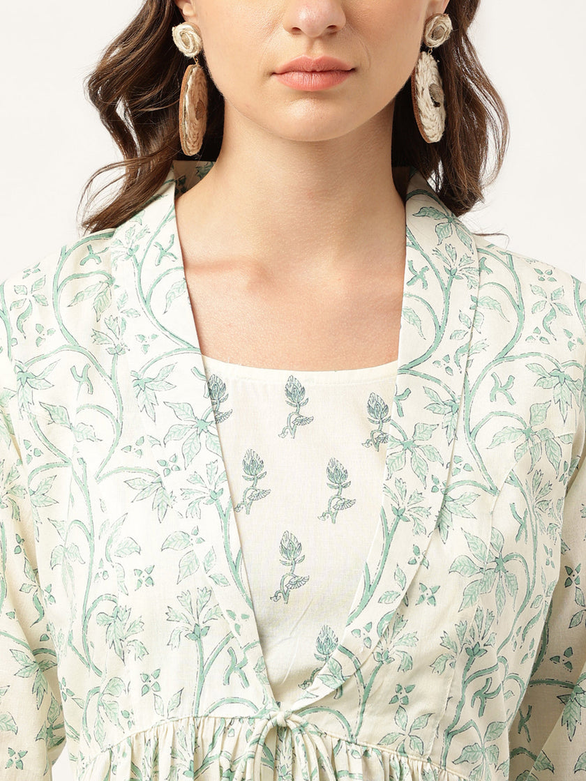 Divena Sea Green Floral Printed Empire Cotton Tops