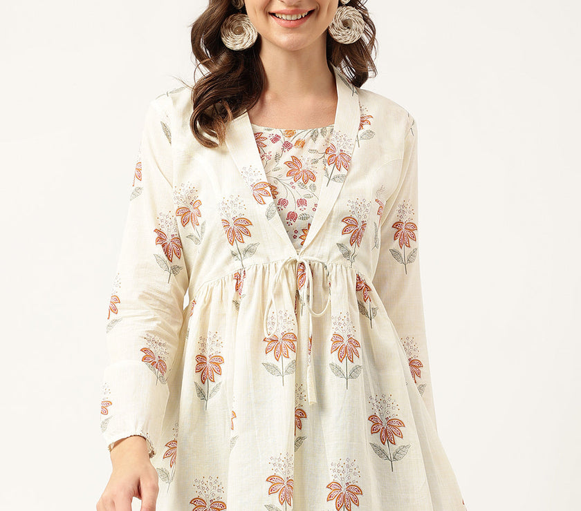 Floral Printed Cream Empire Cotton Tops