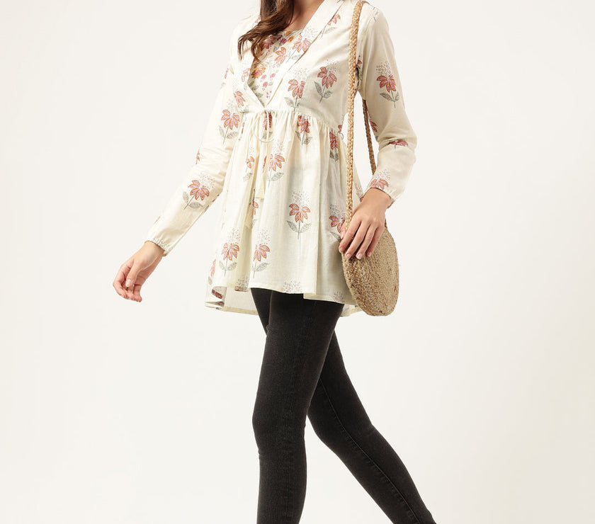 Floral Printed Cream Empire Cotton Tops