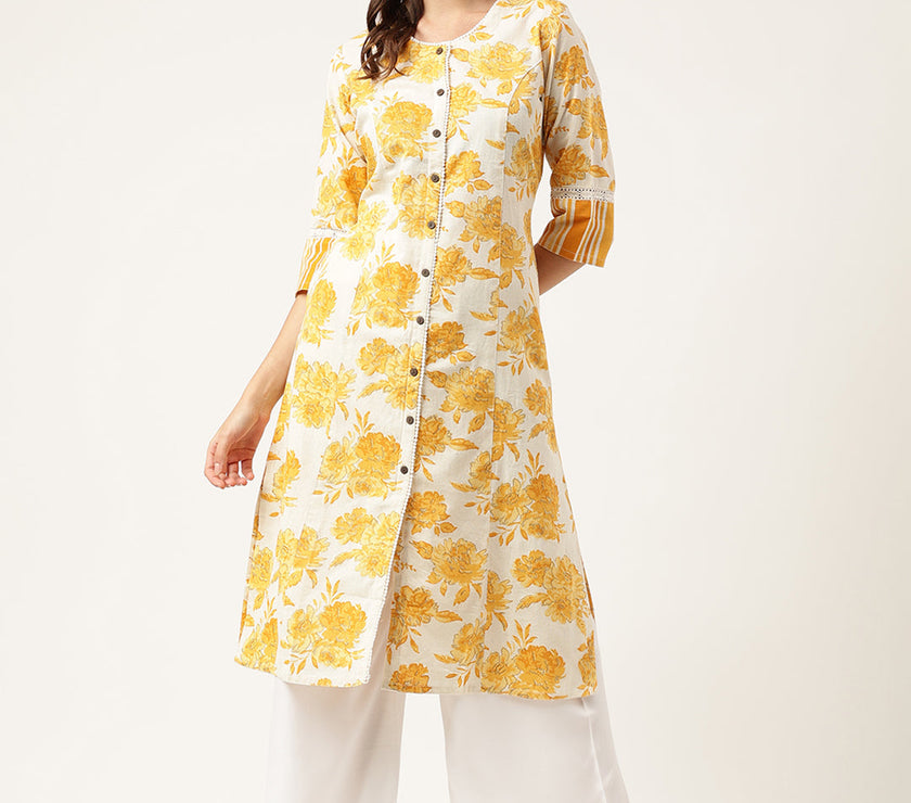 Divena Mustard Floral Printed A-Line Cotton Kurta