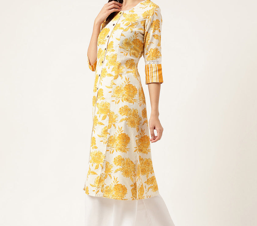 Divena Mustard Floral Printed A-Line Cotton Kurta