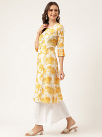 Divena Mustard Floral Printed A-Line Cotton Kurta