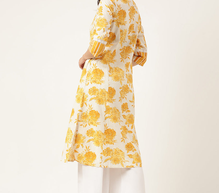 Divena Mustard Floral Printed A-Line Cotton Kurta