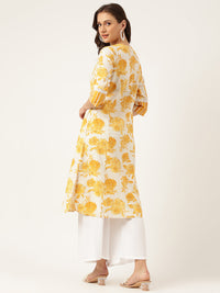 Divena Mustard Floral Printed A-Line Cotton Kurta