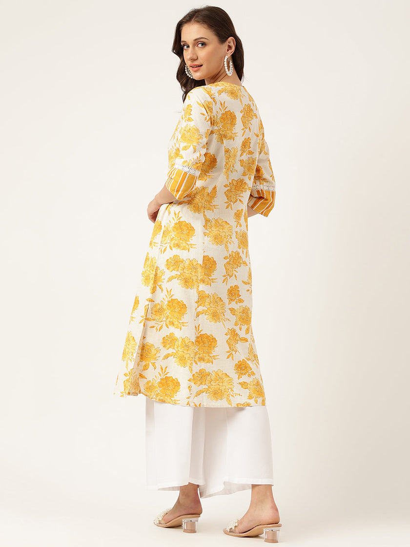 Divena Mustard Floral Printed A-Line Cotton Kurta