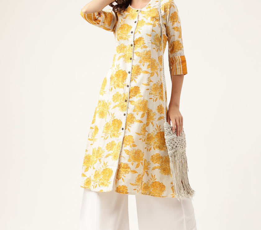 Divena Mustard Floral Printed A-Line Cotton Kurta