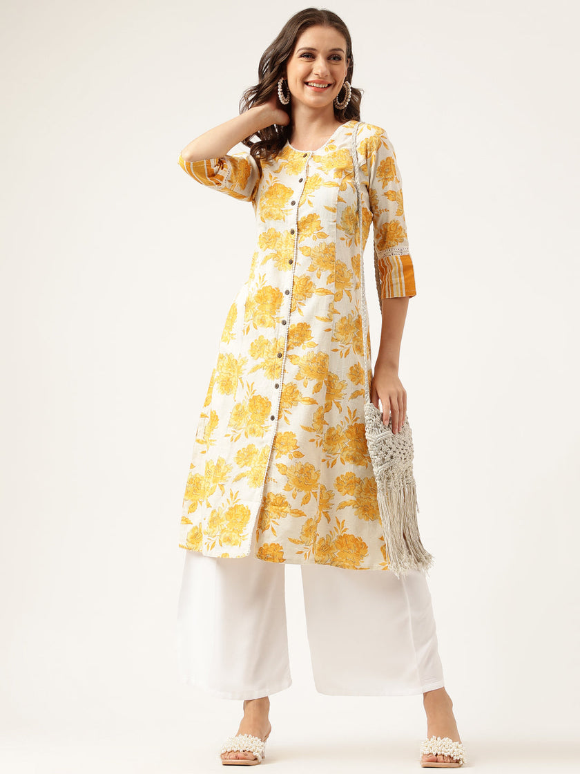 Divena Mustard Floral Printed A-Line Cotton Kurta