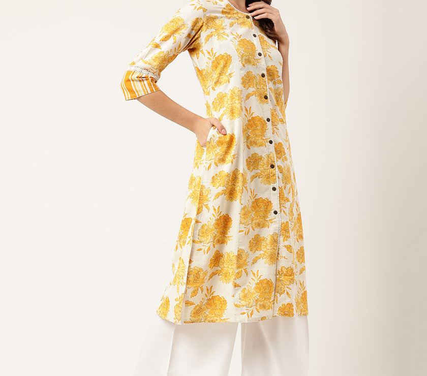 Divena Mustard Floral Printed A-Line Cotton Kurta