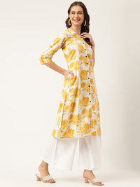 Divena Mustard Floral Printed A-Line Cotton Kurta