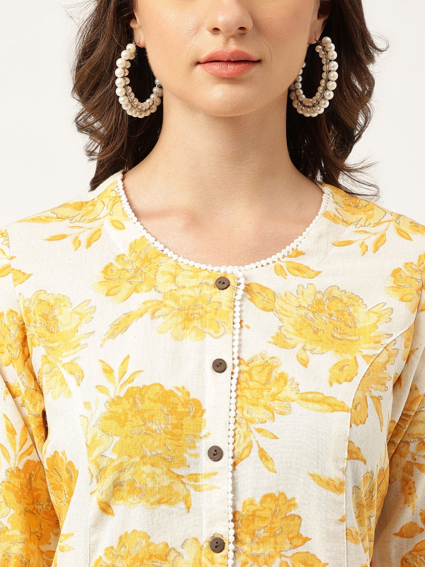 Divena Mustard Floral Printed A-Line Cotton Kurta