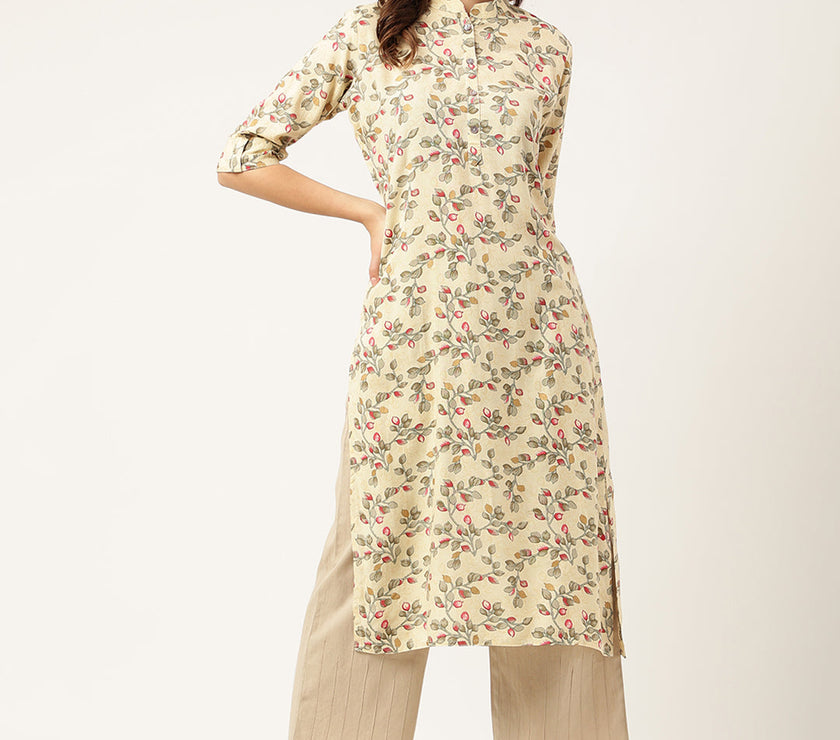 Divena Beige Floral Digital Printed Straight Fold Sleeve Kurta