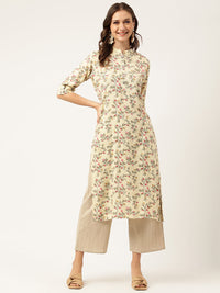 Divena Beige Floral Digital Printed Straight Fold Sleeve Kurta