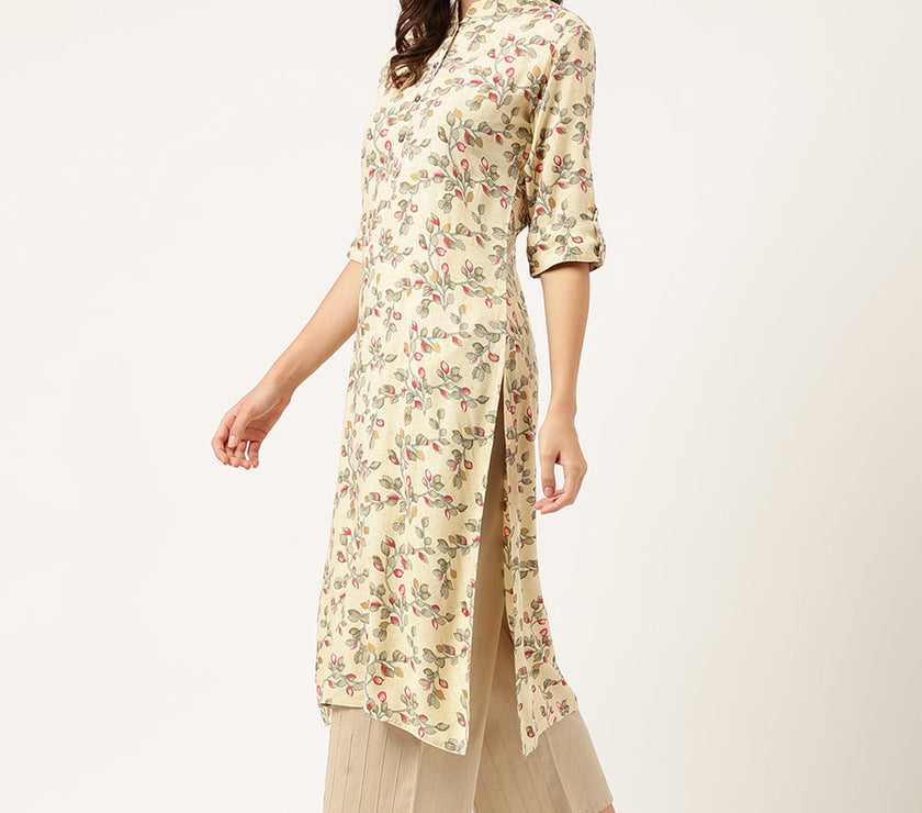 Divena Beige Floral Digital Printed Straight Fold Sleeve Kurta