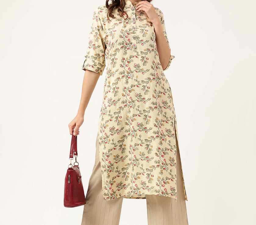 Divena Beige Floral Digital Printed Straight Fold Sleeve Kurta