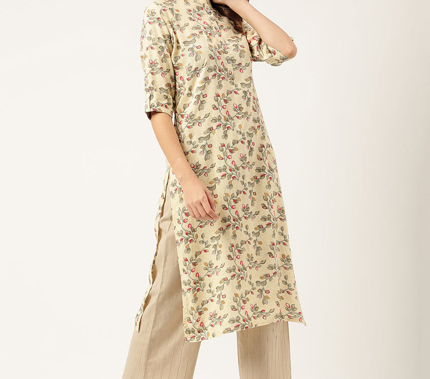 Divena Beige Floral Digital Printed Straight Fold Sleeve Kurta