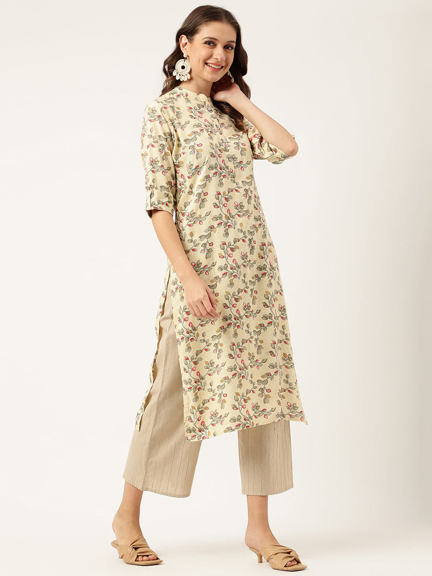 Divena Beige Floral Digital Printed Straight Fold Sleeve Kurta