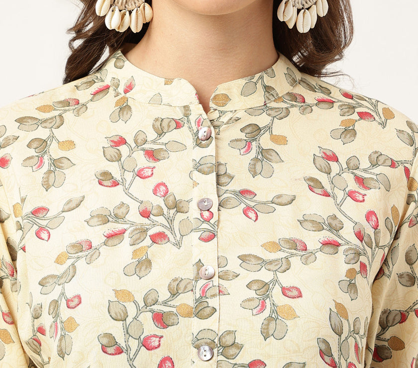 Divena Beige Floral Digital Printed Straight Fold Sleeve Kurta