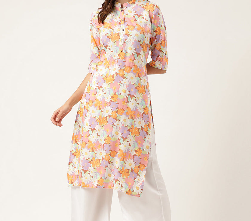 Divena Multi Colored Floral Digital Printed Straight Half Sleeve Kurta