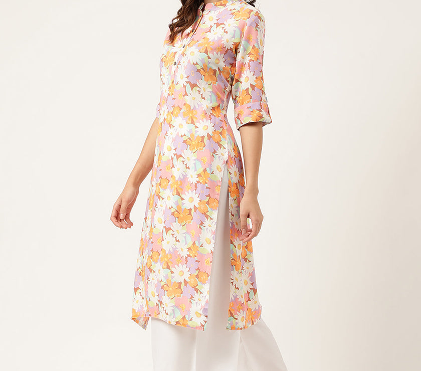 Divena Multi Colored Floral Digital Printed Straight Half Sleeve Kurta