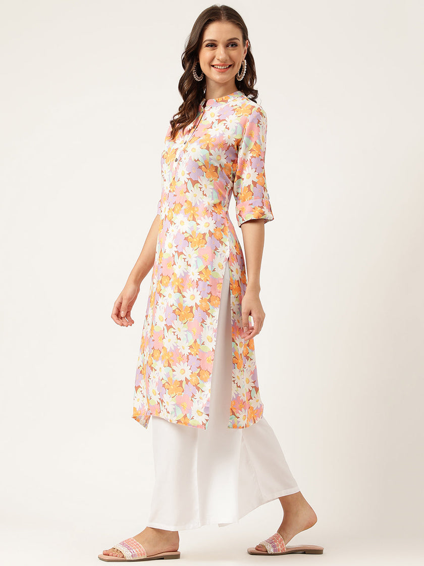 Divena Multi Colored Floral Digital Printed Straight Half Sleeve Kurta