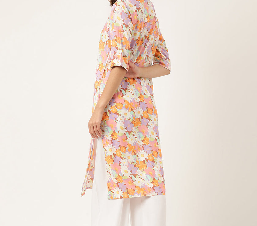 Divena Multi Colored Floral Digital Printed Straight Half Sleeve Kurta