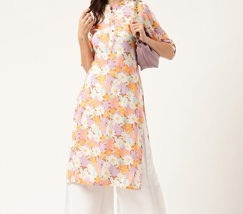 Divena Multi Colored Floral Digital Printed Straight Half Sleeve Kurta