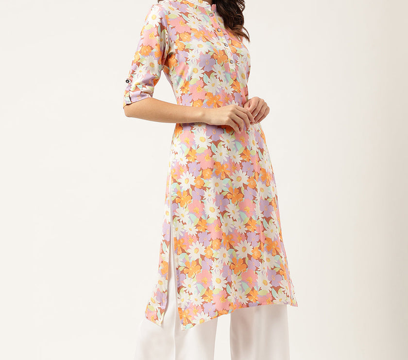 Divena Multi Colored Floral Digital Printed Straight Half Sleeve Kurta