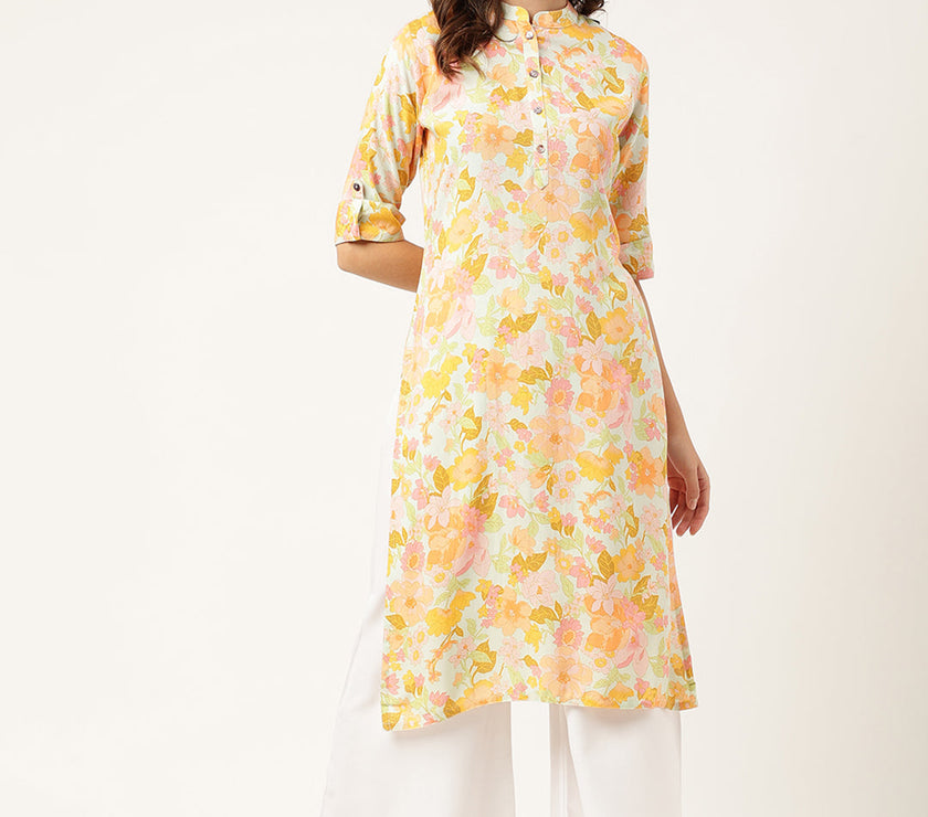 Divena Multi Colored Floral Digital Printed Straight Fold Sleeve Kurta