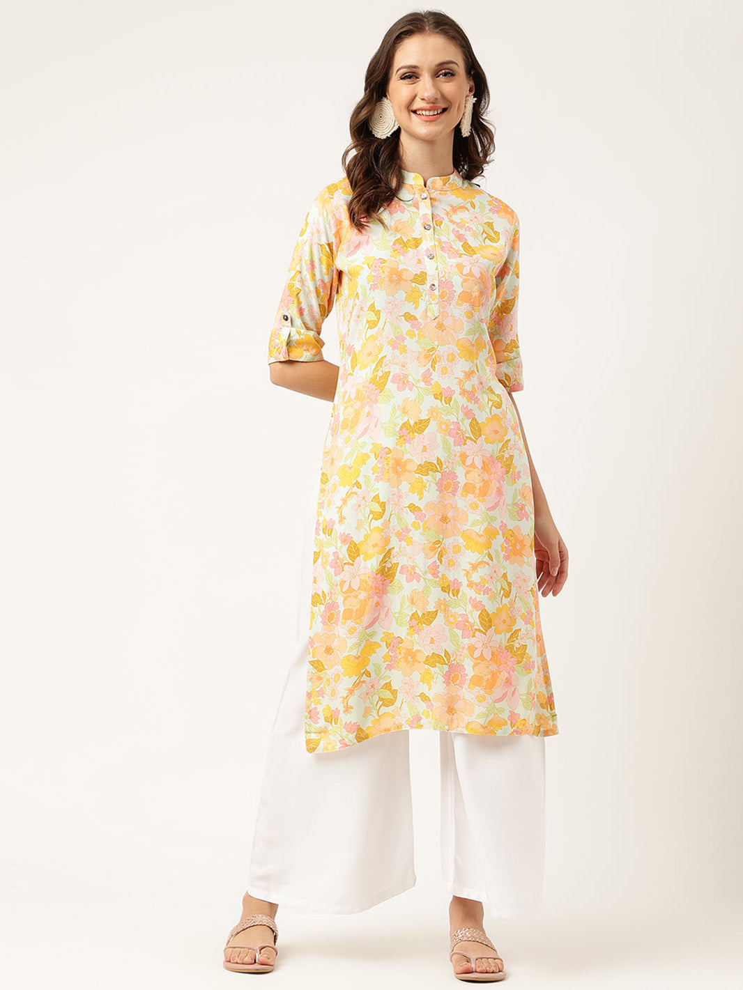 Divena Multi Colored Floral Digital Printed Straight Fold Sleeve Kurta