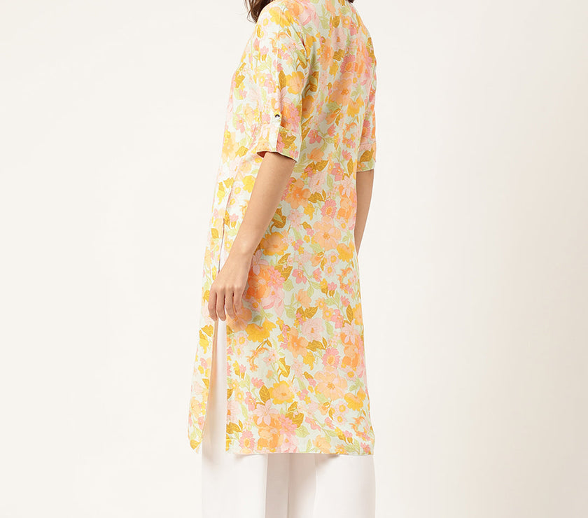 Divena Multi Colored Floral Digital Printed Straight Fold Sleeve Kurta