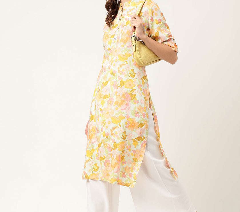 Divena Multi Colored Floral Digital Printed Straight Fold Sleeve Kurta