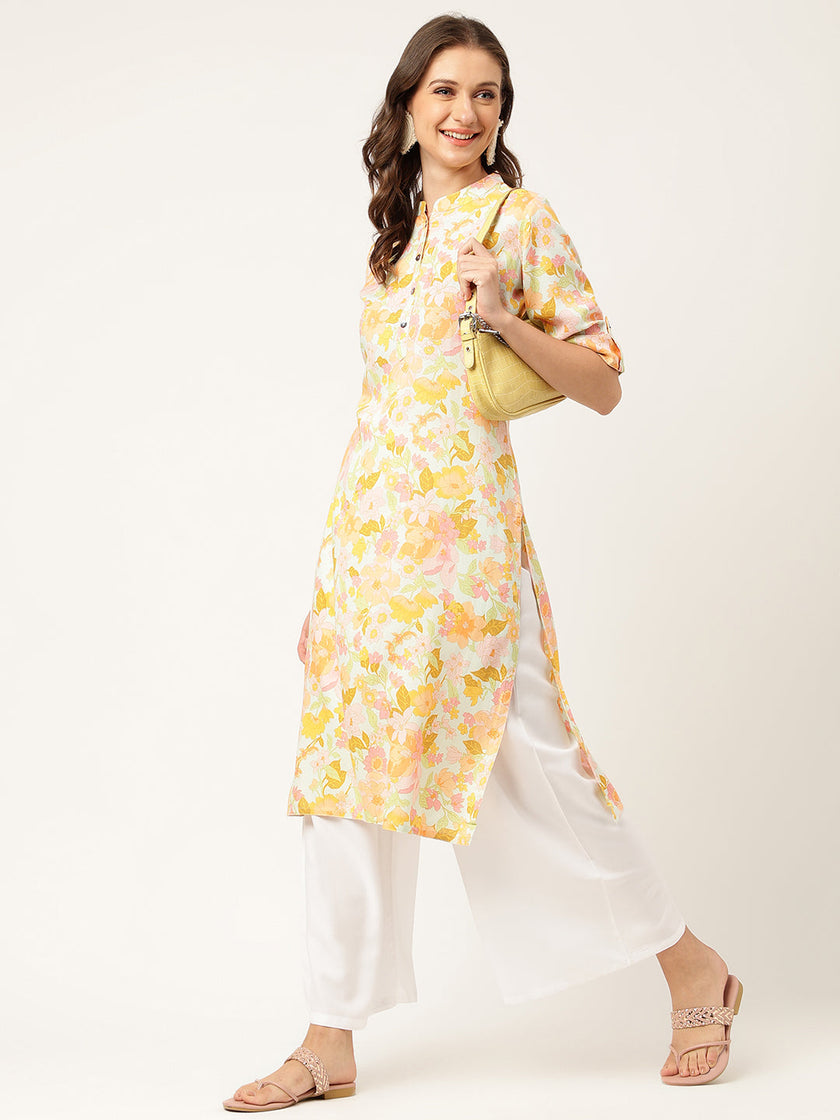 Divena Multi Colored Floral Digital Printed Straight Fold Sleeve Kurta