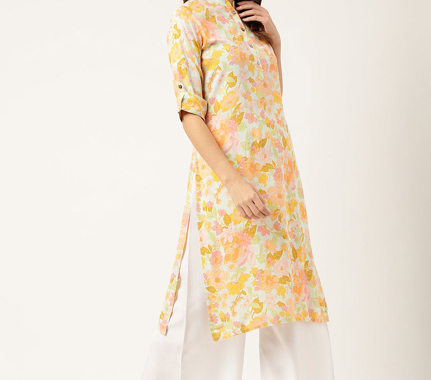 Divena Multi Colored Floral Digital Printed Straight Fold Sleeve Kurta