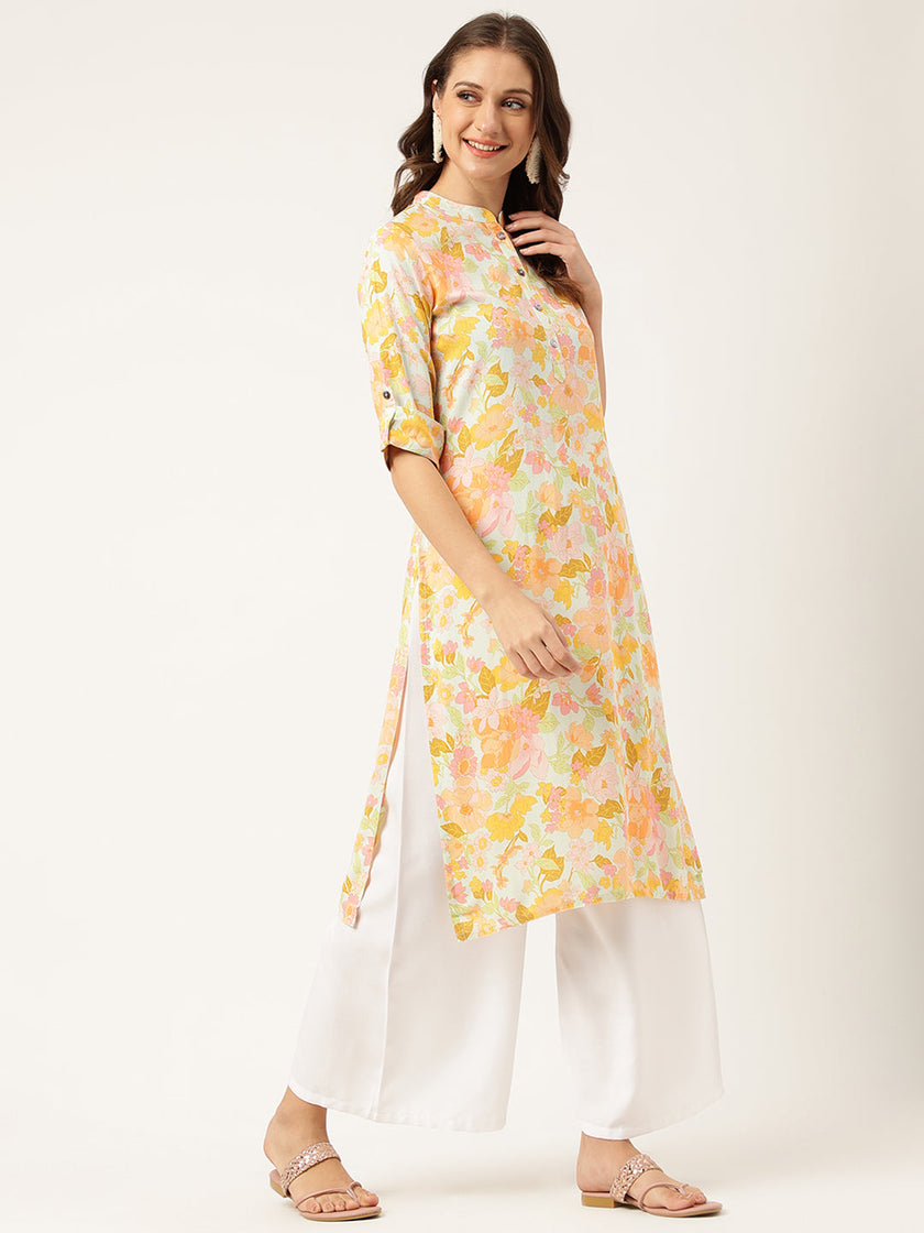 Divena Multi Colored Floral Digital Printed Straight Fold Sleeve Kurta