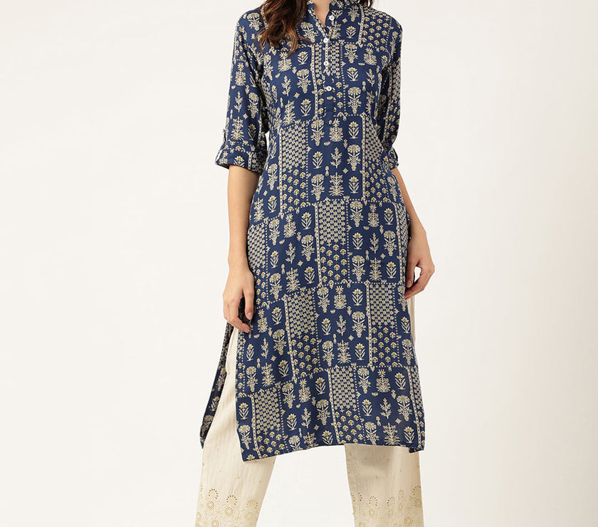 Divena Navy Floral Digital Printed Straight Fold Sleeve Kurta