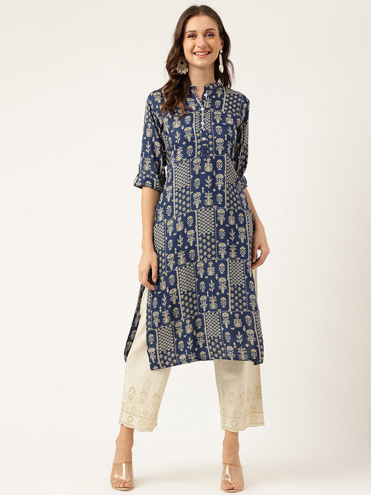 Divena Navy Floral Digital Printed Straight Fold Sleeve Kurta