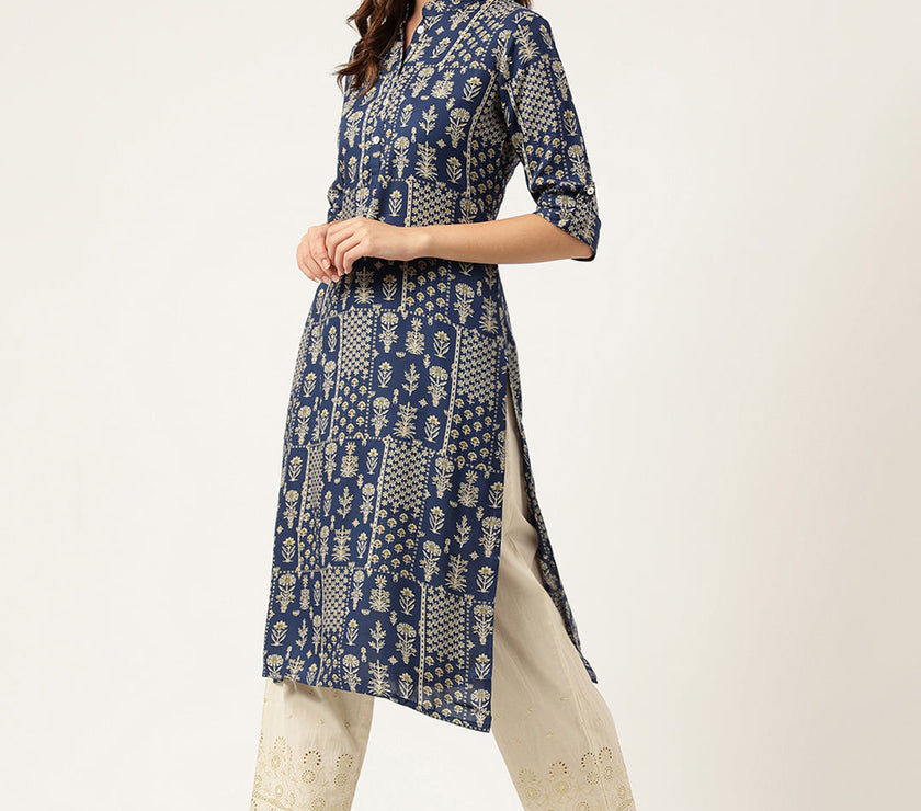 Divena Navy Floral Digital Printed Straight Fold Sleeve Kurta