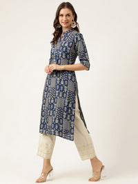 Divena Navy Floral Digital Printed Straight Fold Sleeve Kurta