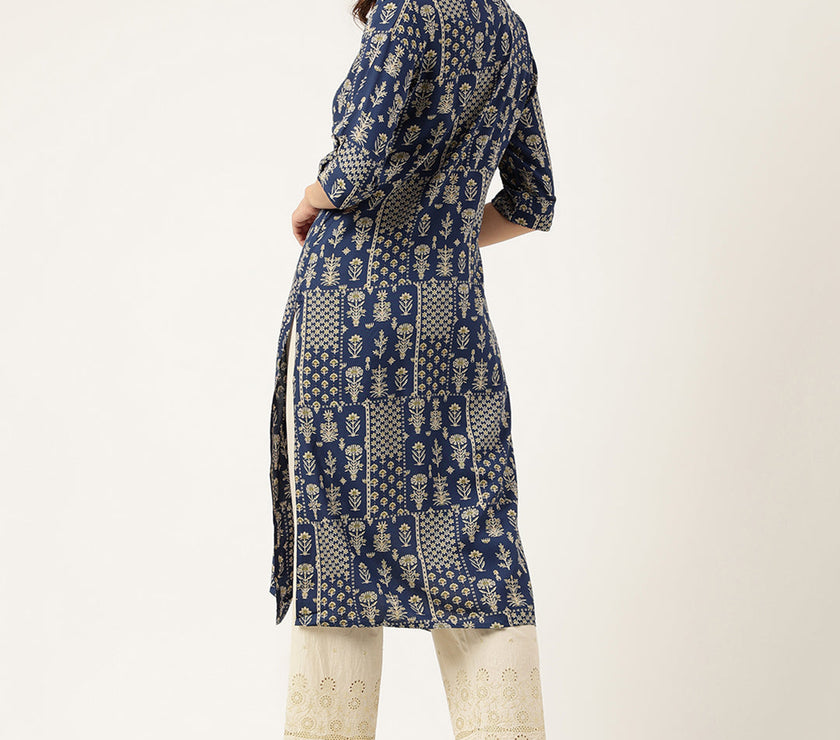 Divena Navy Floral Digital Printed Straight Fold Sleeve Kurta