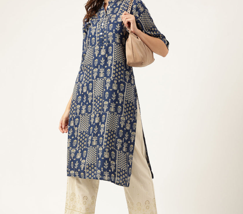 Divena Navy Floral Digital Printed Straight Fold Sleeve Kurta