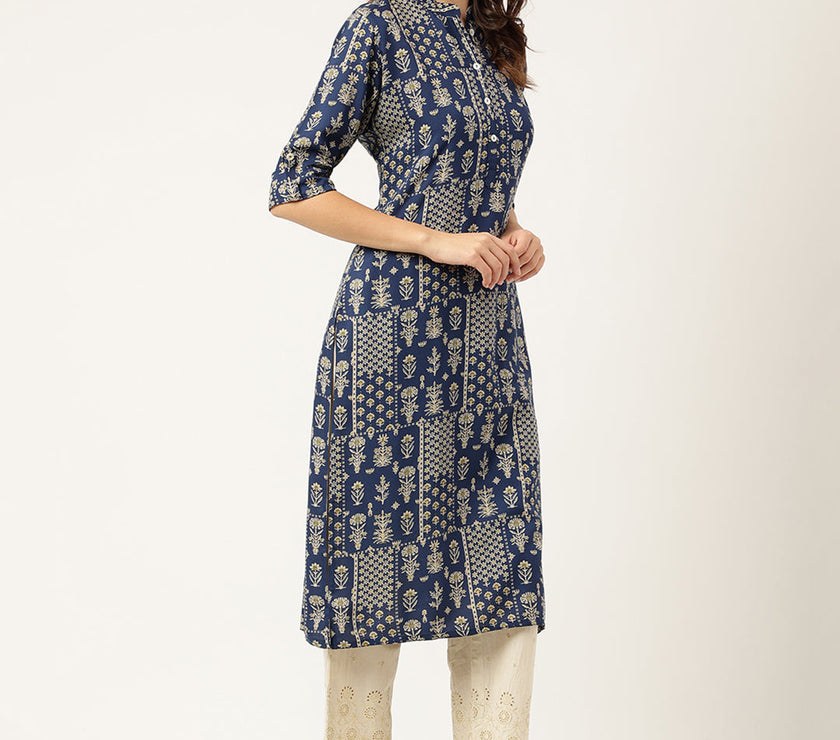 Divena Navy Floral Digital Printed Straight Fold Sleeve Kurta