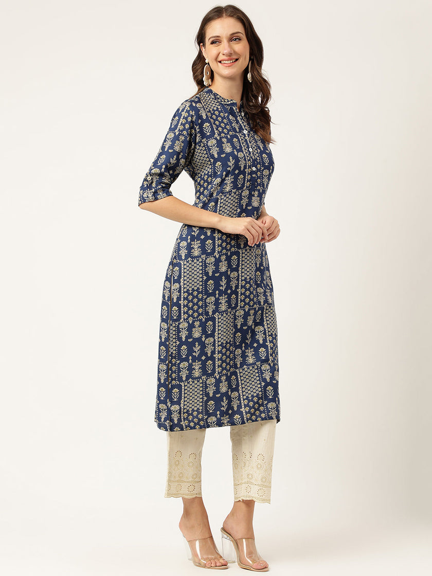 Divena Navy Floral Digital Printed Straight Fold Sleeve Kurta