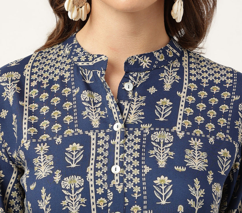 Divena Navy Floral Digital Printed Straight Fold Sleeve Kurta