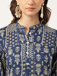 Divena Navy Floral Digital Printed Straight Fold Sleeve Kurta