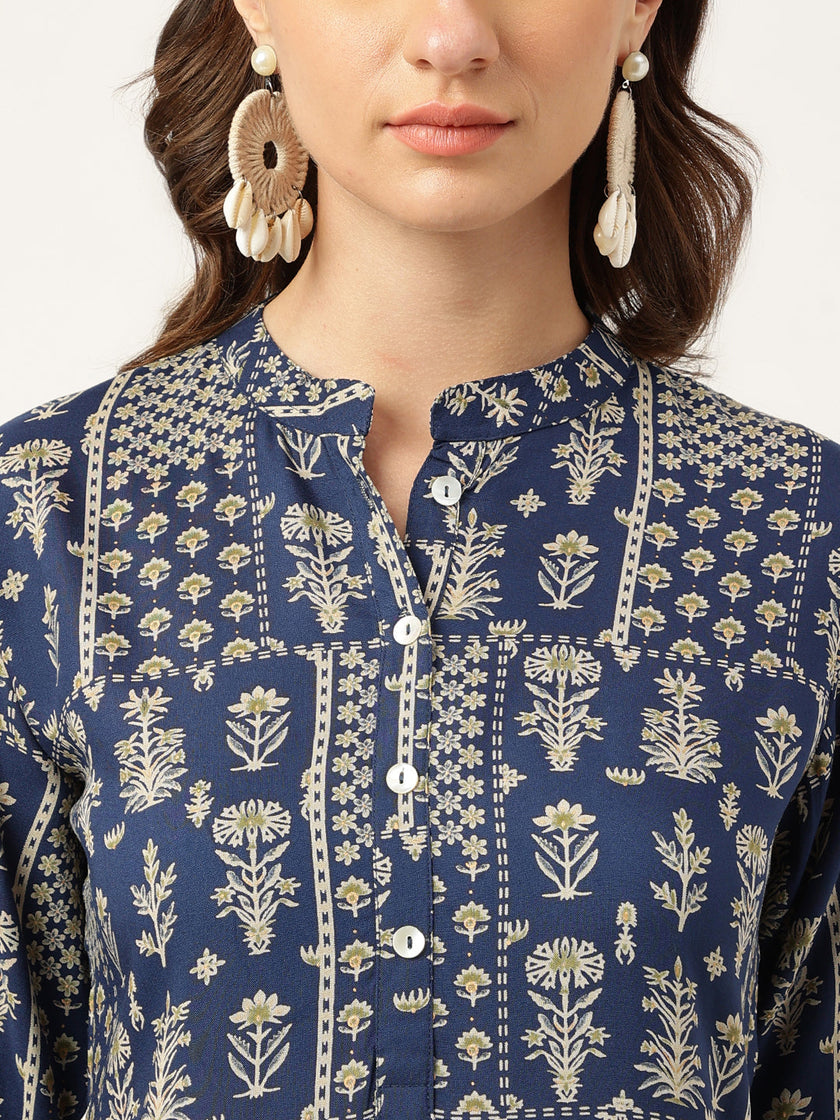 Divena Navy Floral Digital Printed Straight Fold Sleeve Kurta